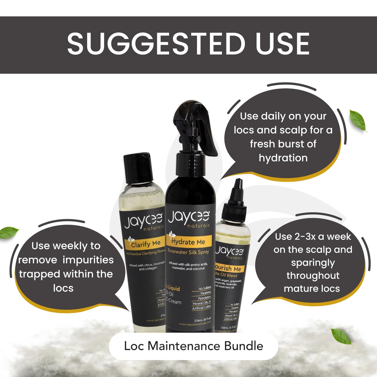 Jaycee Naturals 3-Step Loc Maintenance Kit - Clarify Weekly, Hydrate Daily & Seal Moisture | Shampoo, Rosewater Spray & Lightweight Oil for Locs & Textured Hair - Supports Healthy, Breakage-Free Locs