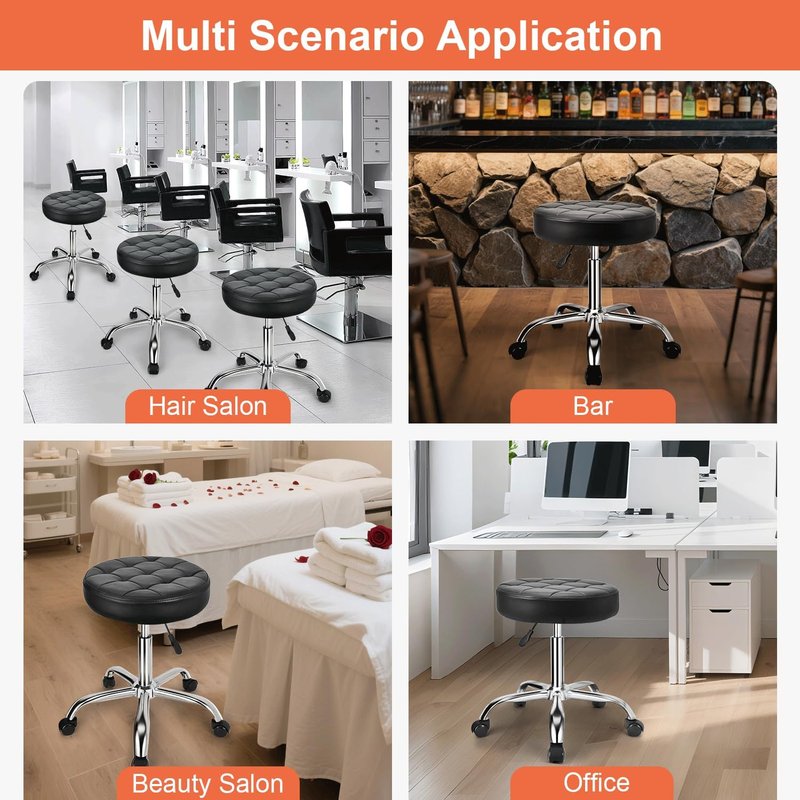 Height Adjustable Rolling Stool - PU Leather Swivel Chair for Home Office & Salon | Drafting Task Chair with Wheels