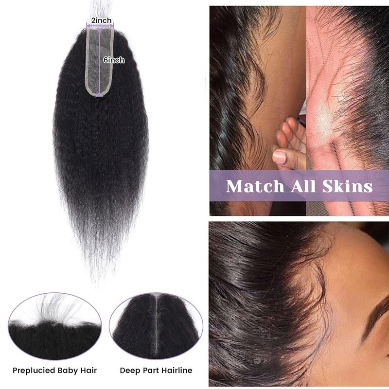 Kinky Straight Lace Closure - 2x6 HD Transparent 100% Real Human Hair | Natural Black 1B, 16 Inch