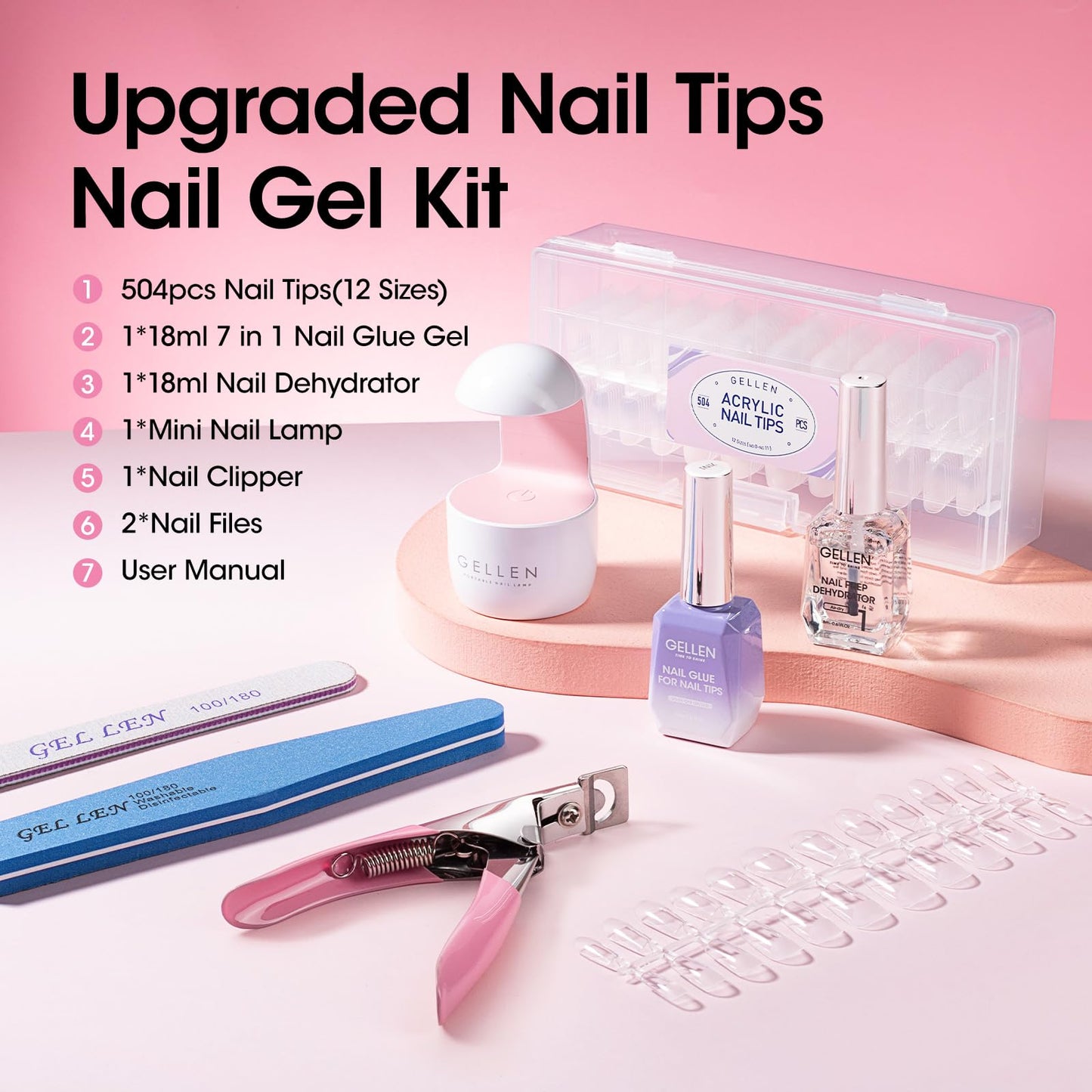 Gellen Gel Nail Kit, 504Pcs Pre-Shaped Short Square Nail Tips, 7 in 1 Gel Nail Glue, Nail Dehydrator, UV/Led Nail Light, Nail Clipper & Files, Gel Tips Nail Extension Set, Home Salon DIY Manicure Set