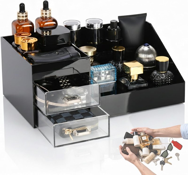 Acrylic Cologne & Watch Organizer for Men - Large Bathroom Vanity Storage & Dresser Caddy with Drawers