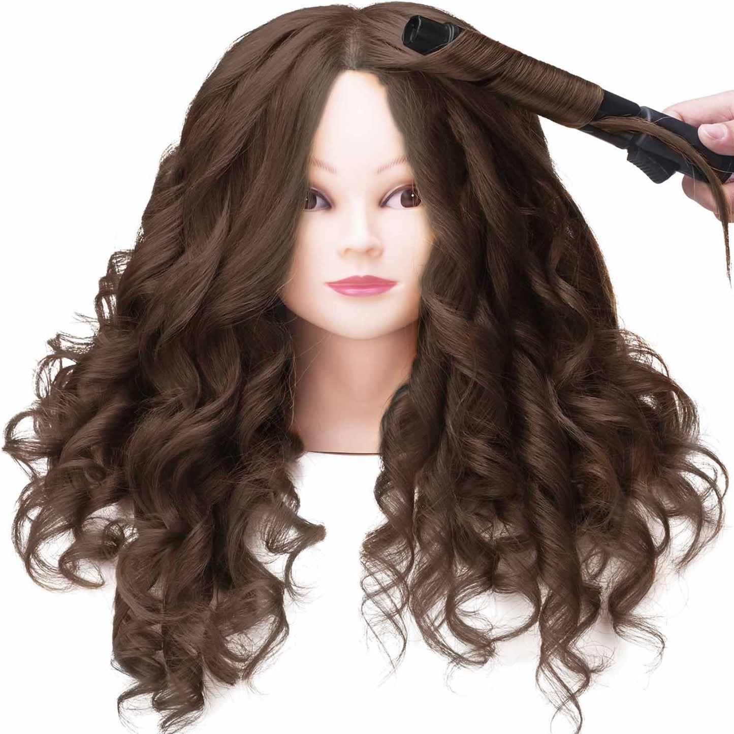 26"-28" Long Hair Mannequin Head with 60% Real Hair, Hairdresser Practice Training Head Cosmetology Manikin Doll Head with 9 Tools and Clamp - #4 Brown, Makeup On