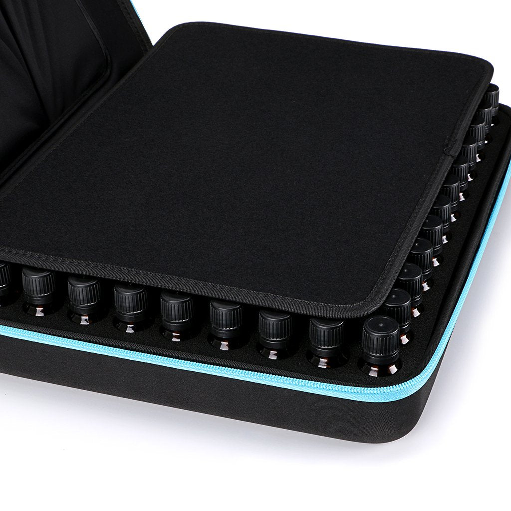 Hipiwe 108 Essential Oils Carrying Case Holds 5ml, 10ml, 15ml Bottles Hard Shell Exterior EVA Essential Oils Storage Organzier Bag with Foam Insert and Carrying Handle (Black+Blue 108)