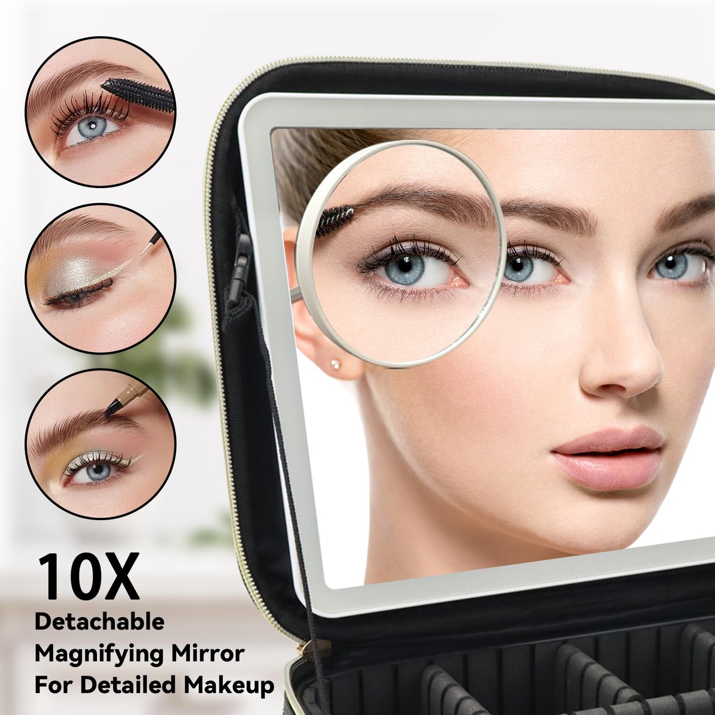 SLUMAZI Travel Makeup Bag with LED Mirror and 10x magnifying glass with 3 Lighted Settings, Adjustable Dividers and Makeup Brush Storage Bag Black
