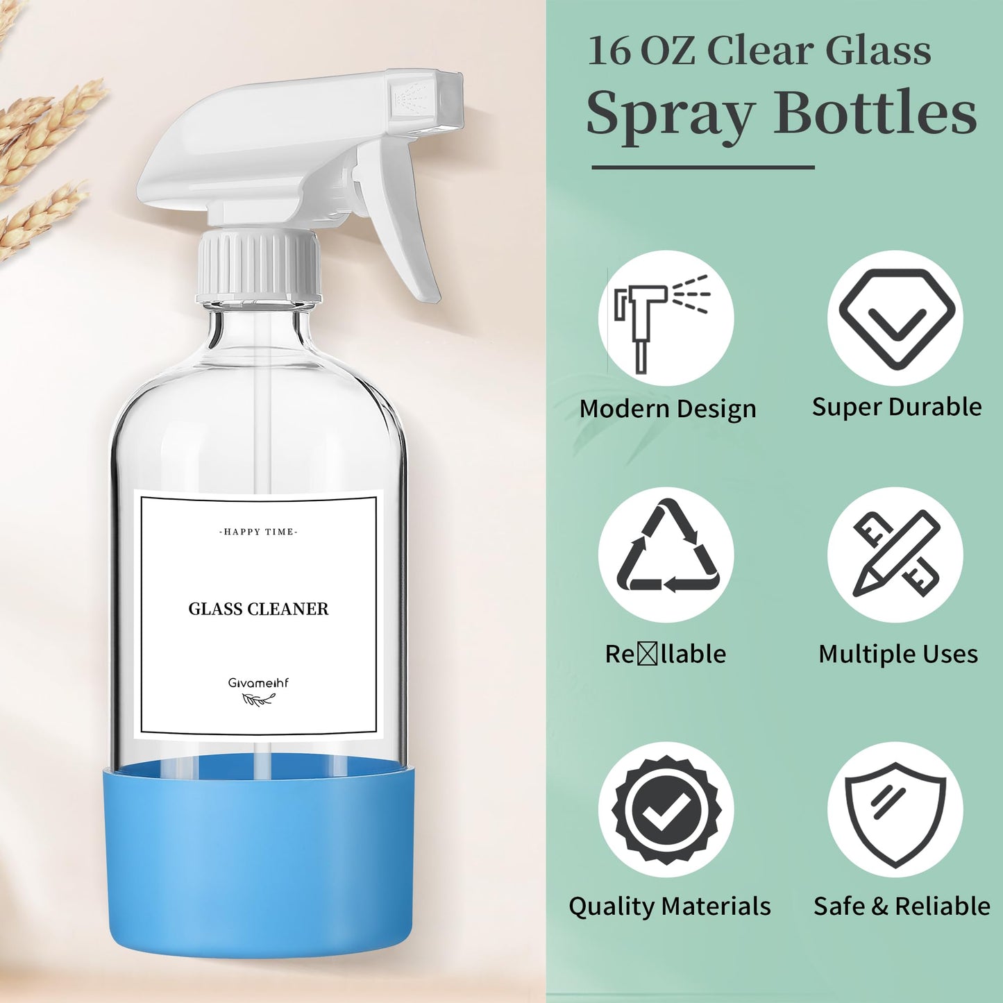 GIVAMEIHF 16oz Clear Glass Spray Bottles,6 Pack Glass Spray Bottles Refillable Empty Bottle with Adjustable Nozzle,Spray Bottle for Essential Oils,Cleaning,Pets,Hair Mister