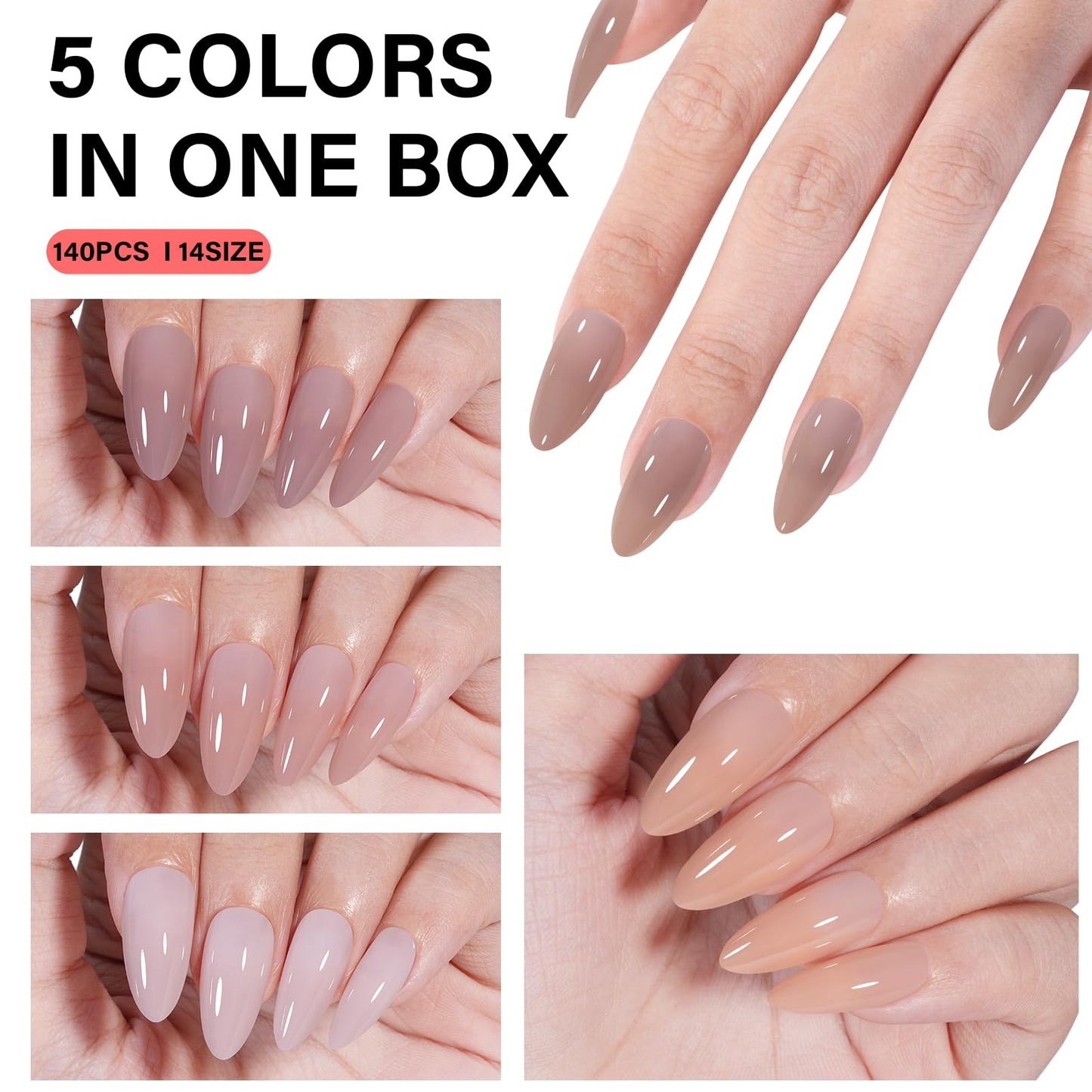 AILLSA Press on Nails Almond 140 PCS Fake Nails 4 in 1 Medium Glossy Nude Nails Press Ons, Long Lasting Pre-Shaped Gel Nails Natural False Nail for Nail Art DIY Women