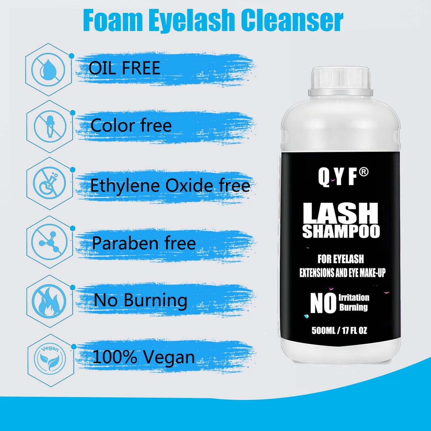 QYF Eyelash Extension Shampoo 500ml Lash Extensions Shampoo Eyelid Foaming Cleanser Paraben & Sulfate Free Non-Irritating for Professional Salon and Home Use