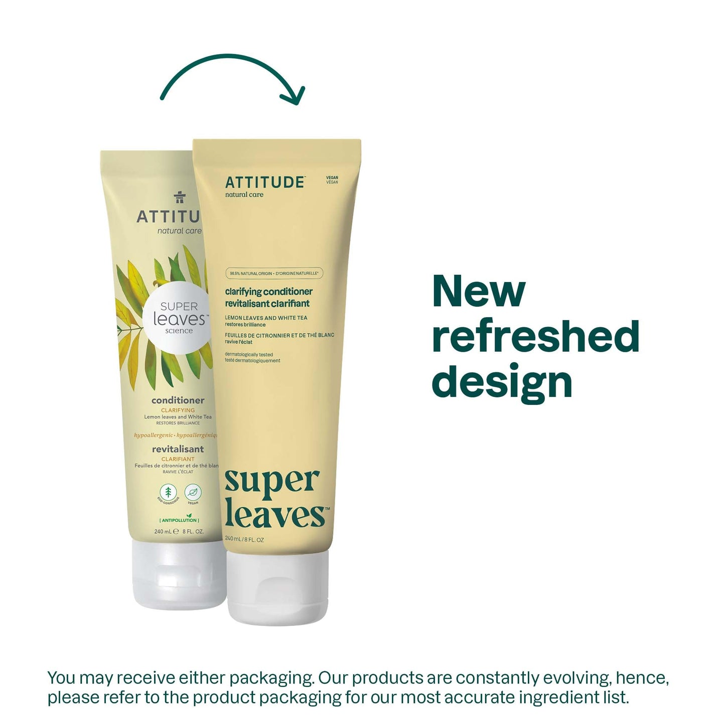 ATTITUDE Clarifying Hair Conditioner, Restores Shine, Naturally Derived Ingredients, Vegan Detangler, Dermatologically Tested, Lemon Leaves and White Tea, 8 Fl Oz