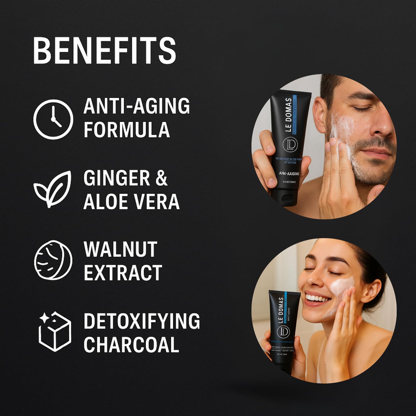 LE DOMAS Botanical Face Wash with Ginger, Walnut, Aloe Vera & Charcoal – Hydrating Facial Cleanser for Men & Women – Sulfate Free, Gentle Skin Care Products & Face Wash for All Skin Types, 4 fl oz