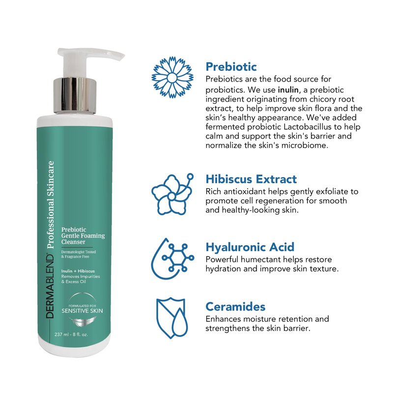 Dermablend Prebiotic Gentle Foaming Cleanser - 8 fl oz, Light Foam Cleanser Removes Makeup & Impurities, Prebiotic Inulin, Probiotics, & Hyaluronic Acid, Ideal for Sensitive Skin, Fragrance-Free
