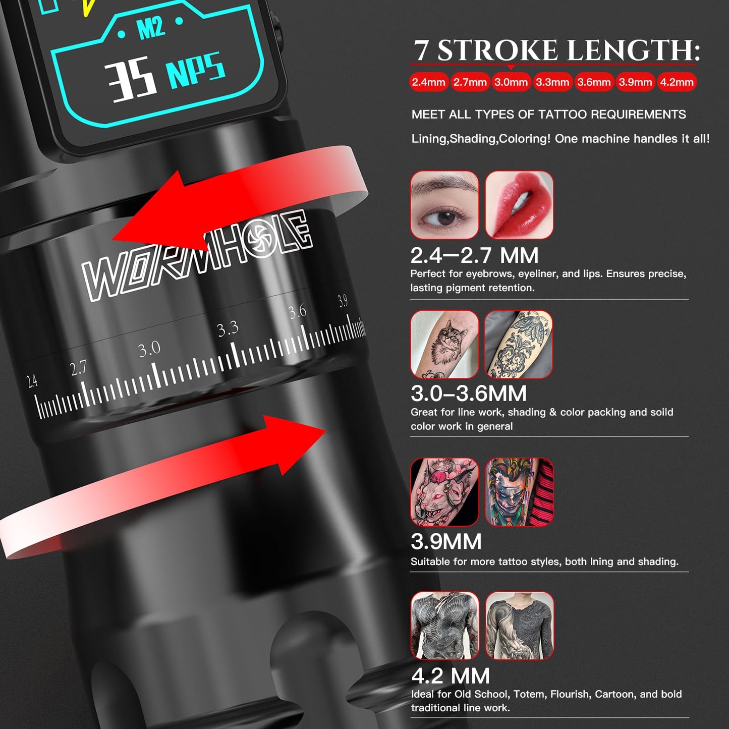 Wormhole 2300mAh Battery and 7 Adjustable Stroke Tattoo Gun for Artists, Aluminum Alloy Wireless Tattoo Machine, Lightweight Compact Rotary Tattoo Pen Powerful Motor Precision Professional - Black