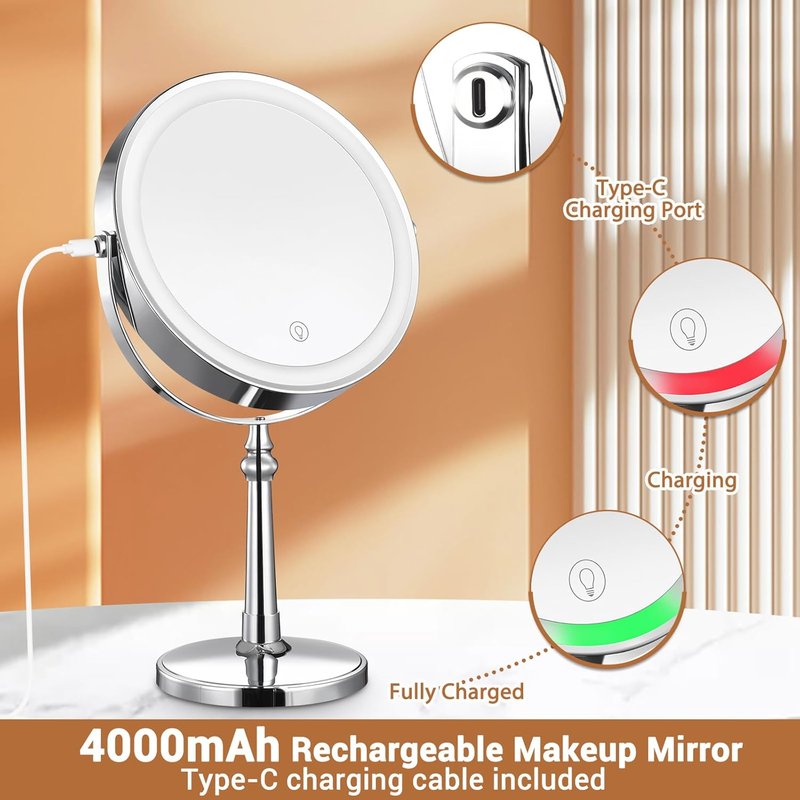 LED Makeup Mirror - 10x Magnification, Rechargeable Touch, 3 Color Modes | Compact Vanity Mirror Gift for Women
