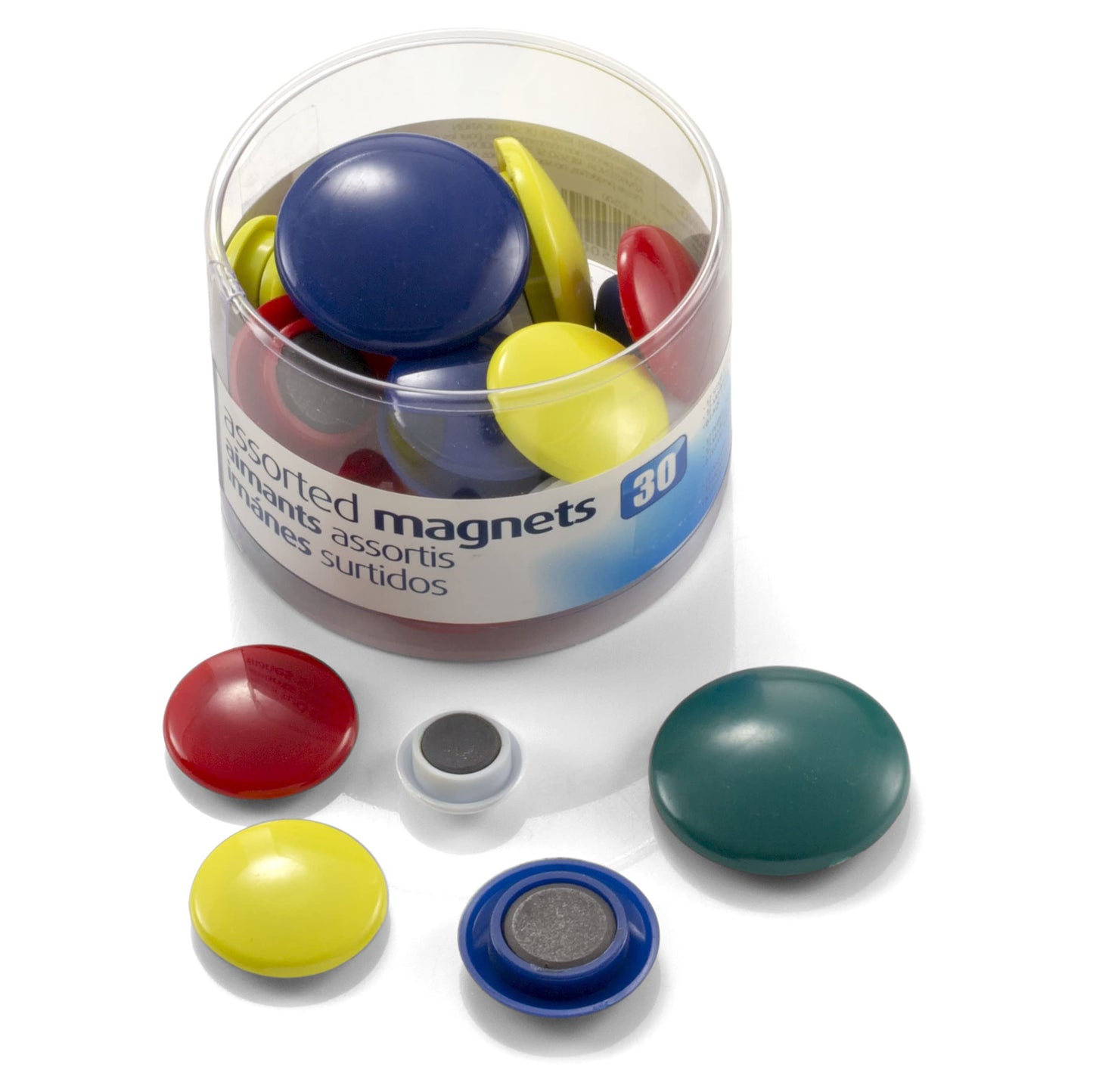 Officemate Round Plastic Covered Magnets - Durable & Longlasting Magnets for School, Office, Refrigerator, Whiteboard, Kitchen, Notice Board - 5 Assorted Colours (Pack of 30)