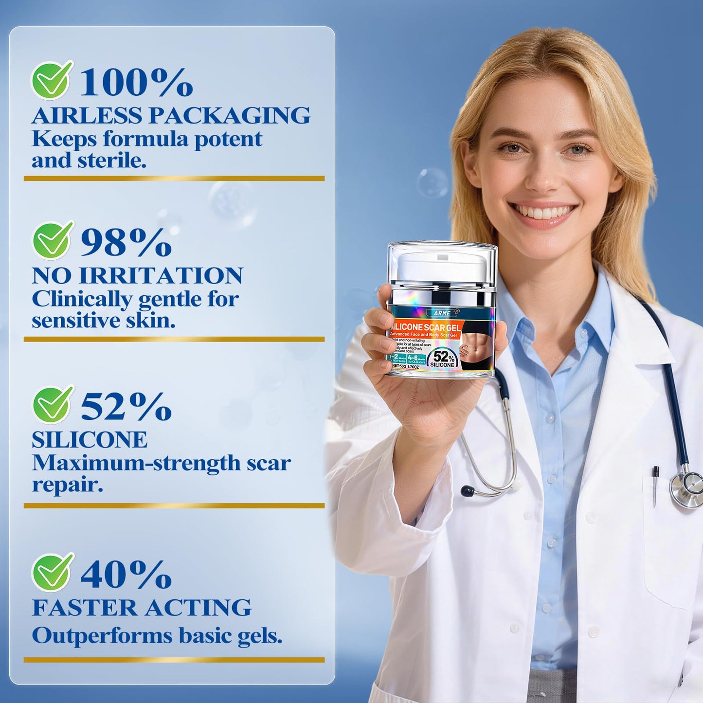 Arme Physician Formulated Patented 52% Silicone Scar Gel Scar Cream, Scar Removal Cream for Surgical Scars,Scar Treatment for Face,Body, Surgical, Burns, Keloid Acne,C Section,Stretch Marks,1.76oz/50g