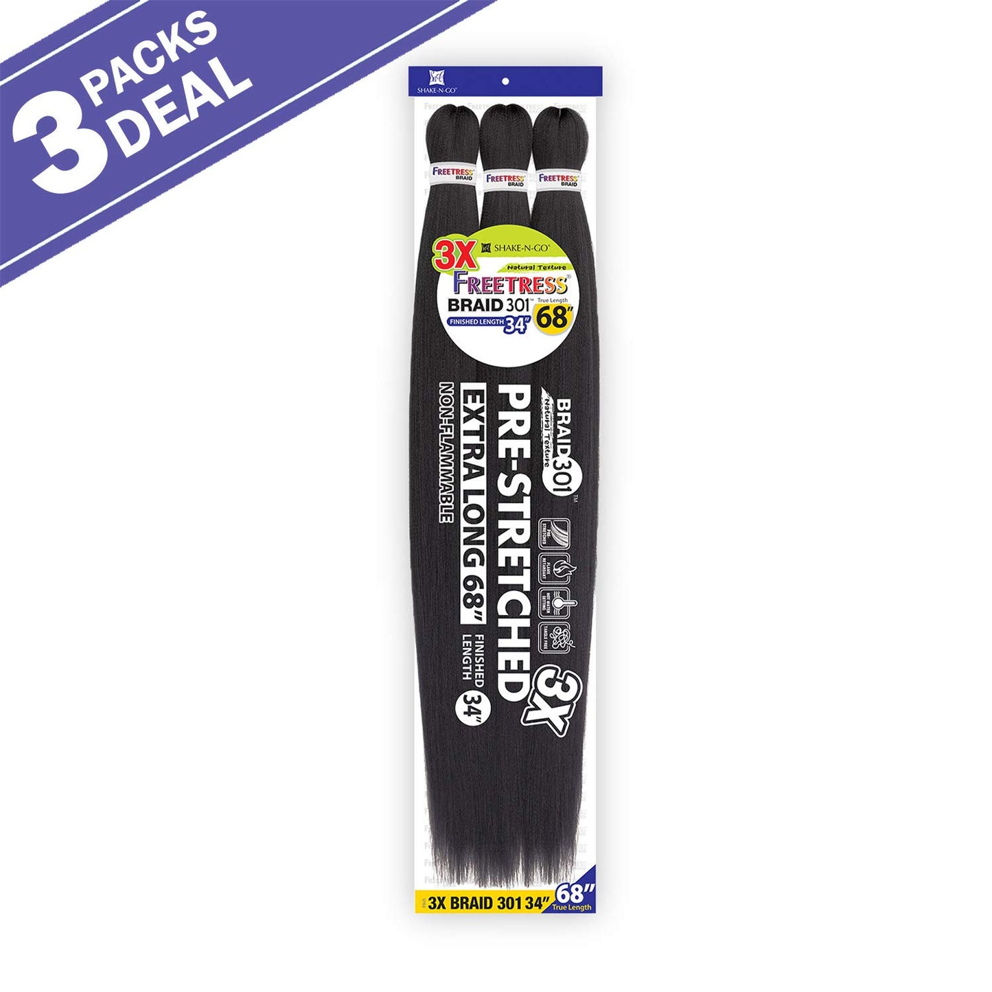 Freetress Braids Natural Texture Braids 3X Pre-Stretched Braid 301 34 inches (3-pack, 1B)