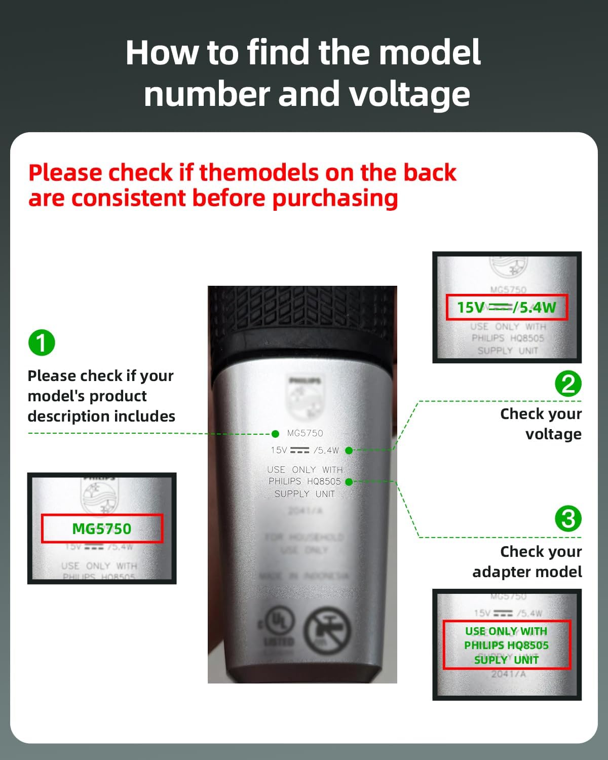 Philips Norelco 15V Charger - Compatible with HQ8505, MG5750, MG7750, MG7770, MG7790 | Power Cord for Shaver & Trimmer