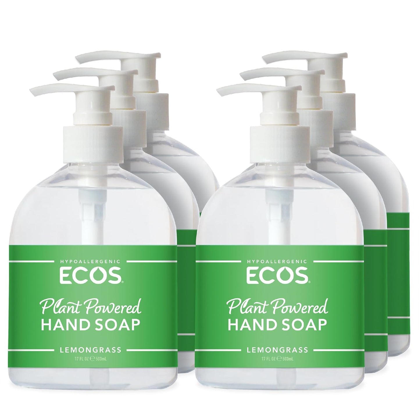 ECOS Hypoallergenic Hand Soap - Plant-Based Formula for Sensitive Skin - Lemongrass Scent | 17 oz Bottle (6-Pack)