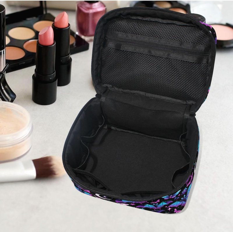 Makeup Organizer Bag - Neon Purple with Bats, Stars & Moons | Travel Cosmetic Case for Women & Teens