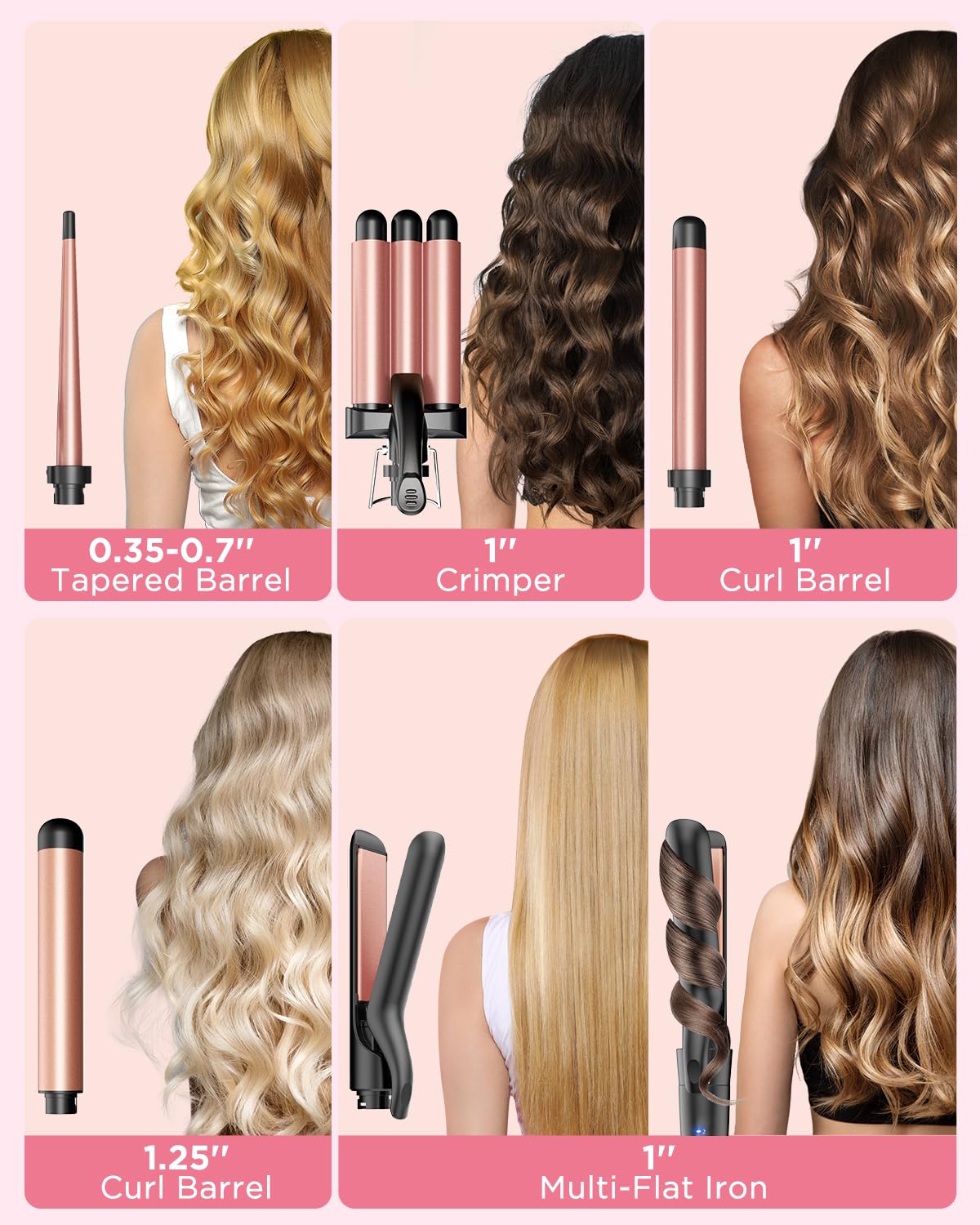 5 in 1 Wand Curling Iron-Kinked Curling Wand Set with Flat Iron Hair Straightener, 3 Barrels Hair Crimper, 3 Ceramic Curling Irons (0.35"-1.25"), 2 Temps Fast Heat Hair Waver Curler, Black