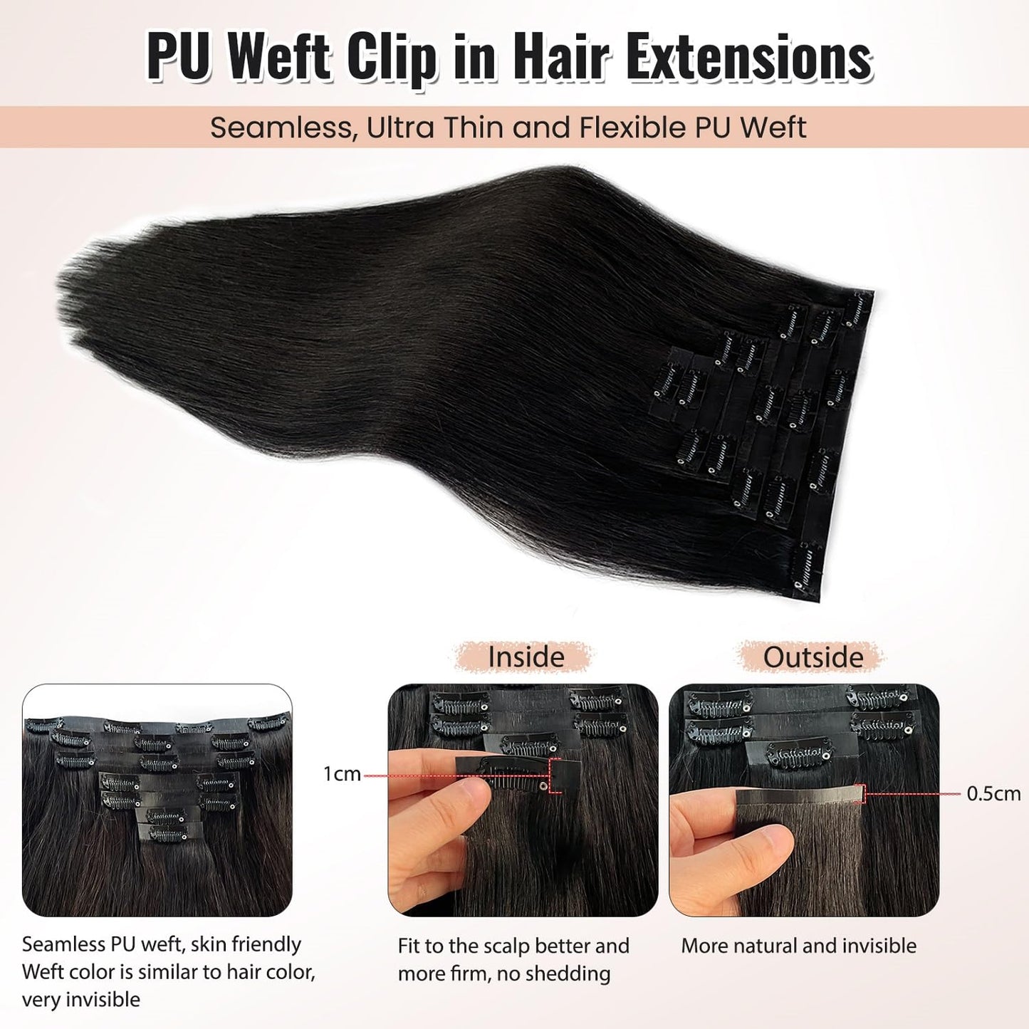 Seamless Clip in Hair Extensions Real Human Hair, 20” Natural Black Seamless Clip ins Remy Hair Extensions Invisible Tape Weft Real Human Hair Extensions for Women Straight PU Skin Weft Clip ins Hair