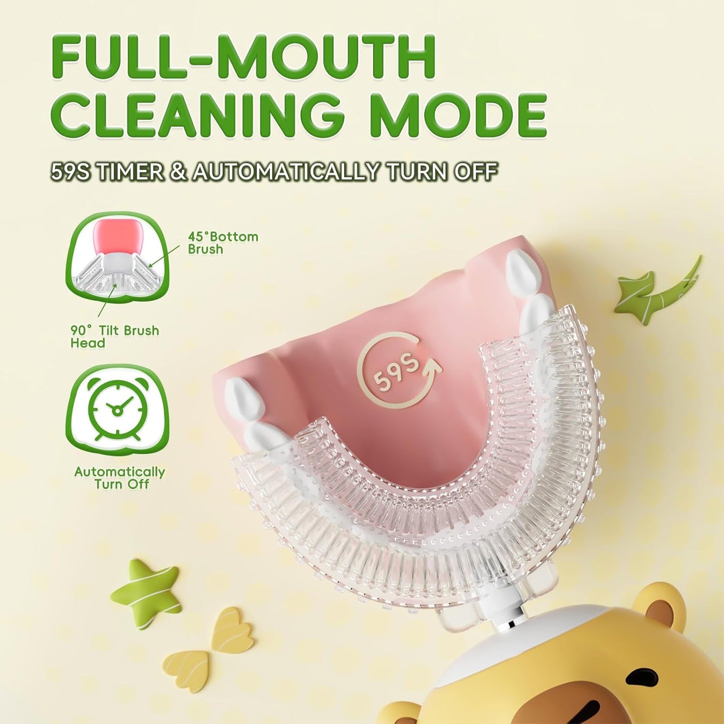 Kids U-Shaped Ultrasonic Electric Toothbrush - Rechargeable Sonic Design with Smart Timer | Yellow (Ages 2–6)