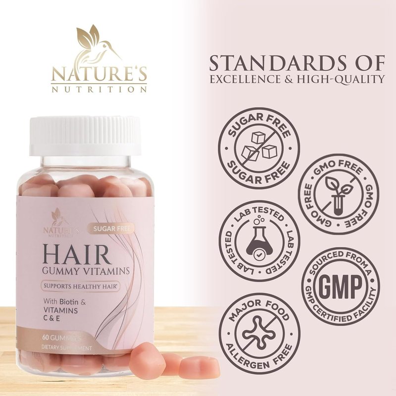 Hair Vitamins Gummies - Sugar Free Biotin 5000 mcg for Hair Growth | Supports Strong Hair & Nails - 60 Vegetarian Gummies