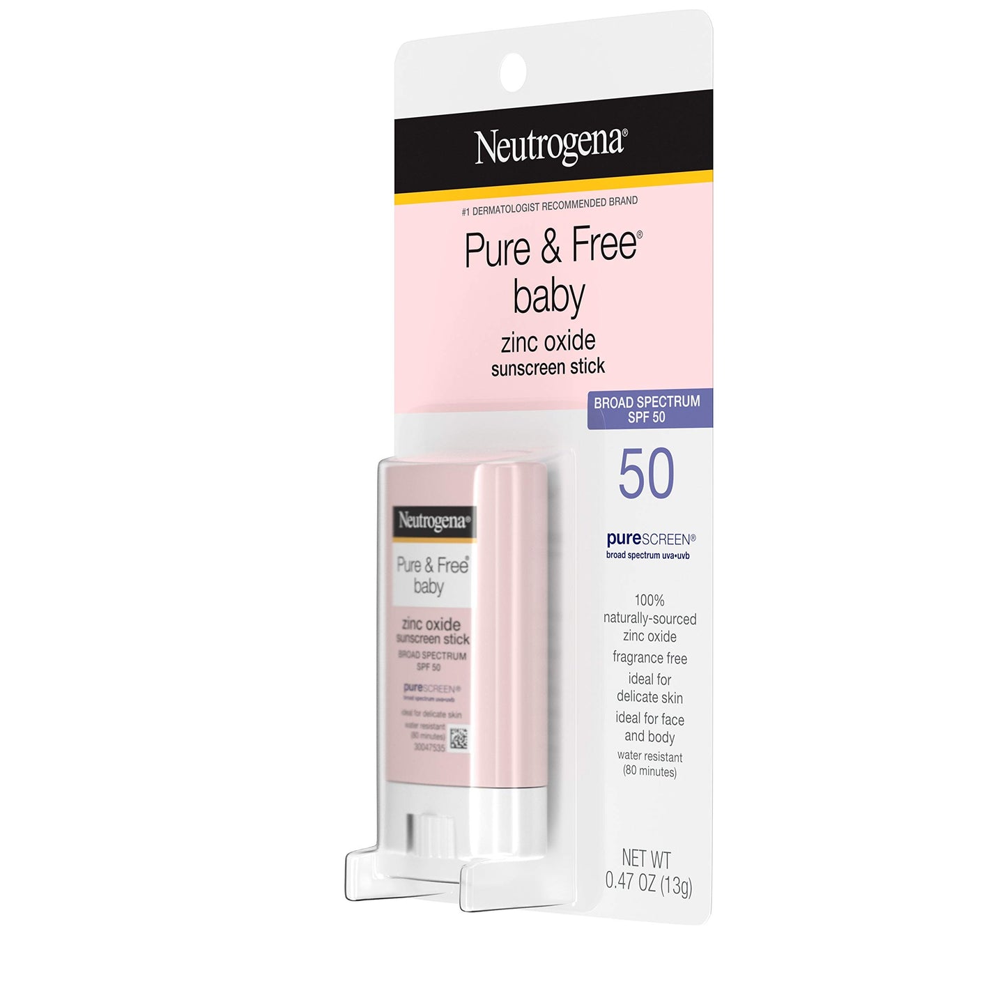 Neutrogena Pure & Free Baby Mineral Sunscreen Stick with Broad Spectrum SPF 50 & Zinc Oxide, Water-Resistant, Hypoallergenic, Paraben-, Dye- & PABA-Free Baby Face & Body Sunscreen, 0.47 oz (Pack of 2)