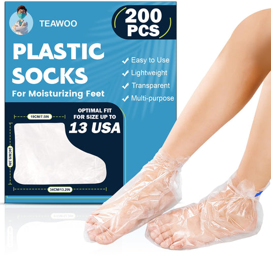 TEAWOO 200PCS Plastic Foot Covers for Feet, Leak-Proof Plastic Foot Masks for Moisturizing Feet, Pedicure & Foot Care, 200 Stickers for Snug Closure Included (Fits up to USA 13)