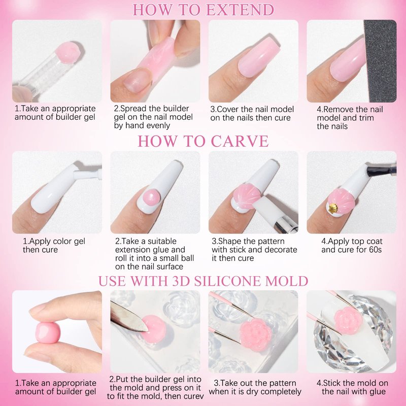 SUPWEE Solid Builder Gel for Nail Extension Non Stick Hand Scupture Hard Gel with Dual Form Nail Brush Tool for Home DIY Manicure 7 Colors 14g(0.49 oz)