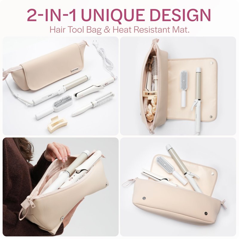 Aerotrunk Hair Tools Organizer - Hot Hair Tools Travel Bag with Heat Resistant Mat, Large Capacity Pouch for Flat Irons, Curling Wands, Hair Dryers - Beige