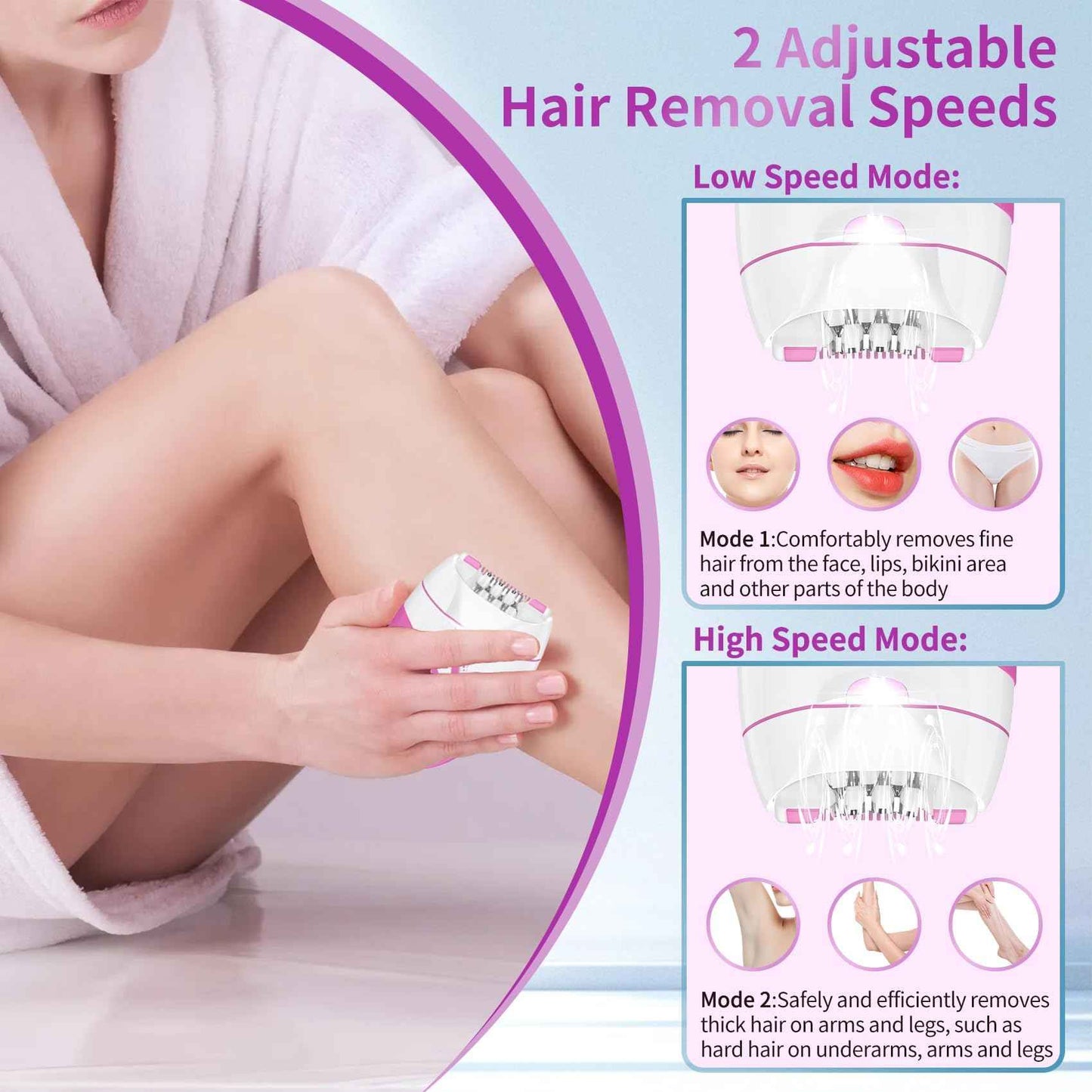 Epilator for Women, Smooth Glide Facial Hair Remover with 2 Speed & LED Light, Rechargeable Cordless Electric Epilator for Face, Bikini, Underarms, Arms, and Legs, Painless & Portable