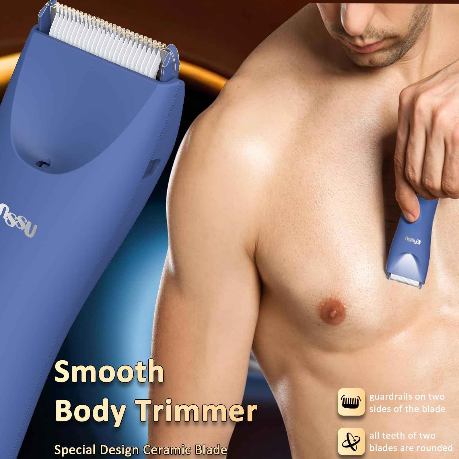 ENSSU Body Hair Trimmer for Men with Light, IPX7 Waterproof Ball Pubic Groin Hair Trimmer for Man with Ceramic Blade, Rechargeable Body Groomer for Men with Charing Dock,LED Display,Blue