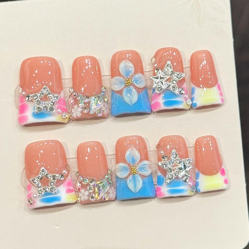 Handmade Duck Press On Nails 10Pcs Colorful French Duck Nail Shape, Nude Pink 3D Flower & Star Press On Nails with Rhinestones, Trendy Handmade Duck Nails for Women Girls