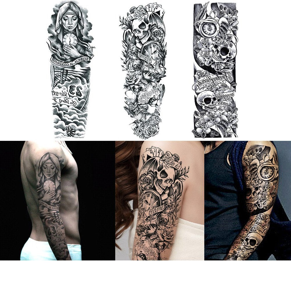 18.9x6.7 8 Sheets Extra Large Temporary Fake Tattoos Set for Men and Women, Full Arm Tattoo Sticker Skull Flower Paper Decal Fake Tattoos Sleeve DIY Black Body Art Sticker, Black 1