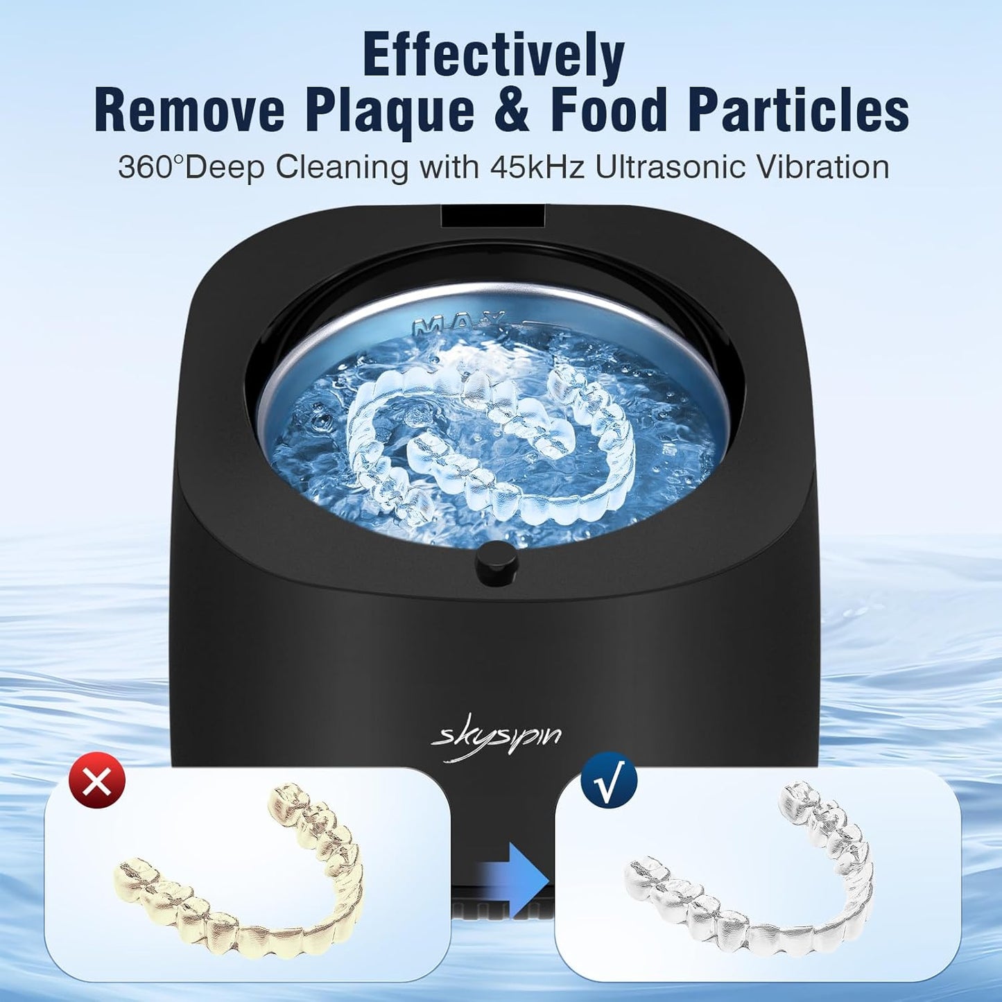 Ultrasonic Retainer Cleaner - 45KHz Dental Appliance & Jewelry Cleaner | 2 Modes, Quiet Operation, 6.8oz Black