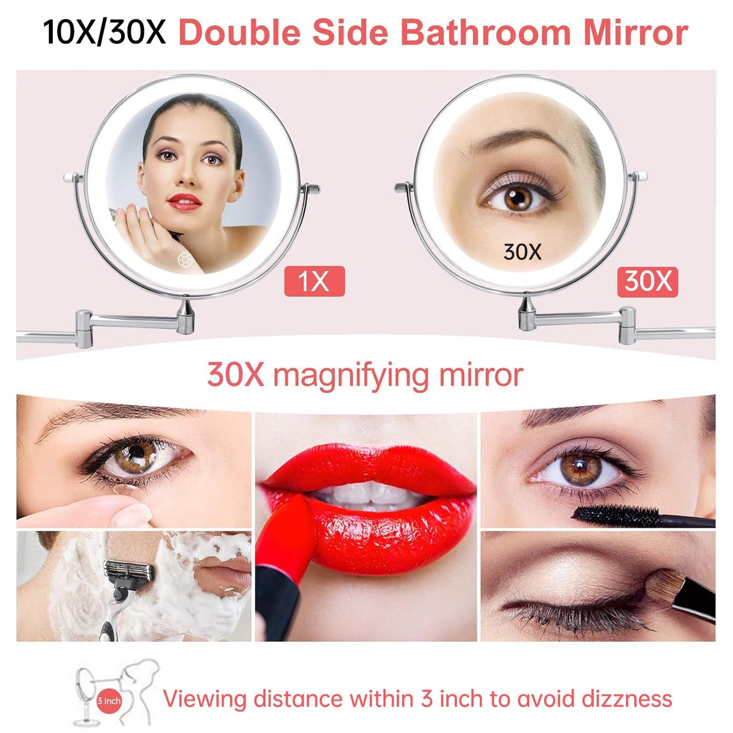 FUNTOUCH 5000mAh Rechargeable Wall Mounted Lighted Makeup Vanity Mirrors, Double Sided 1X 30X Magnifying, 3 Color Lighting, Touch Screen Dimming, Extended Arm 360 Rotation Shaving Bathroom Mirror