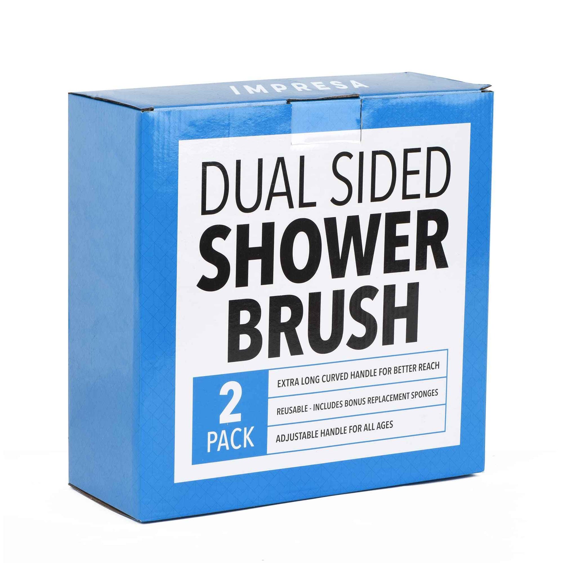 Impresa Extra Long Handle Shower Brush - Dual-Action Loofah & Exfoliating Sponge Body Scrubber - Ergonomic Grip Back Scrub Brush - Replacement Loofah & Sponge Heads - Pack of 2, White