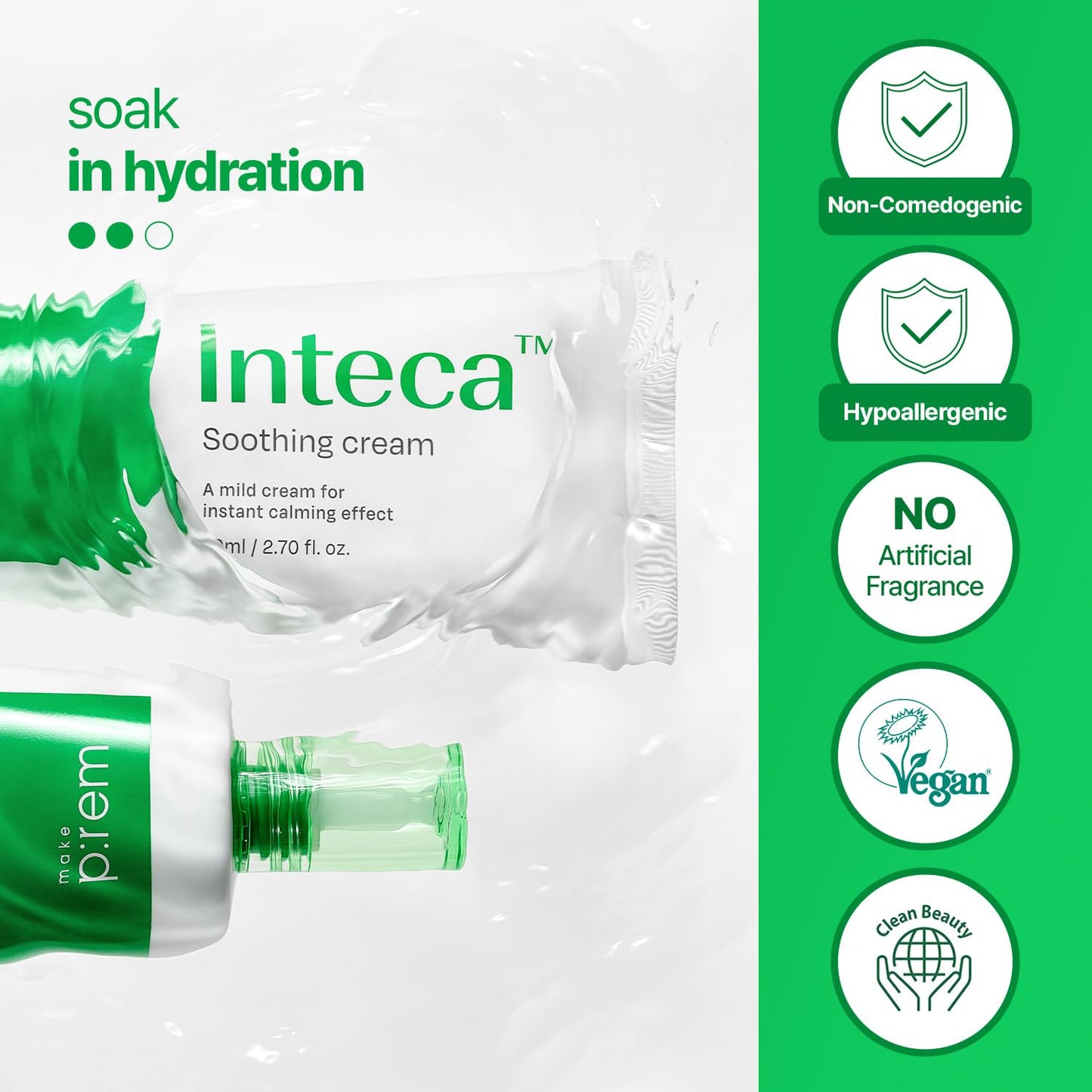 MAKE P:REM INTECA™ Soothing Cream | 2.9x Faster Trouble Relief with Advanced Non-Comedogenic Centella Asiatica for Acne-Prone Sensitive Skin, All Skin Types, Korean Vegan Moisturizer, 2.70 fl. oz.