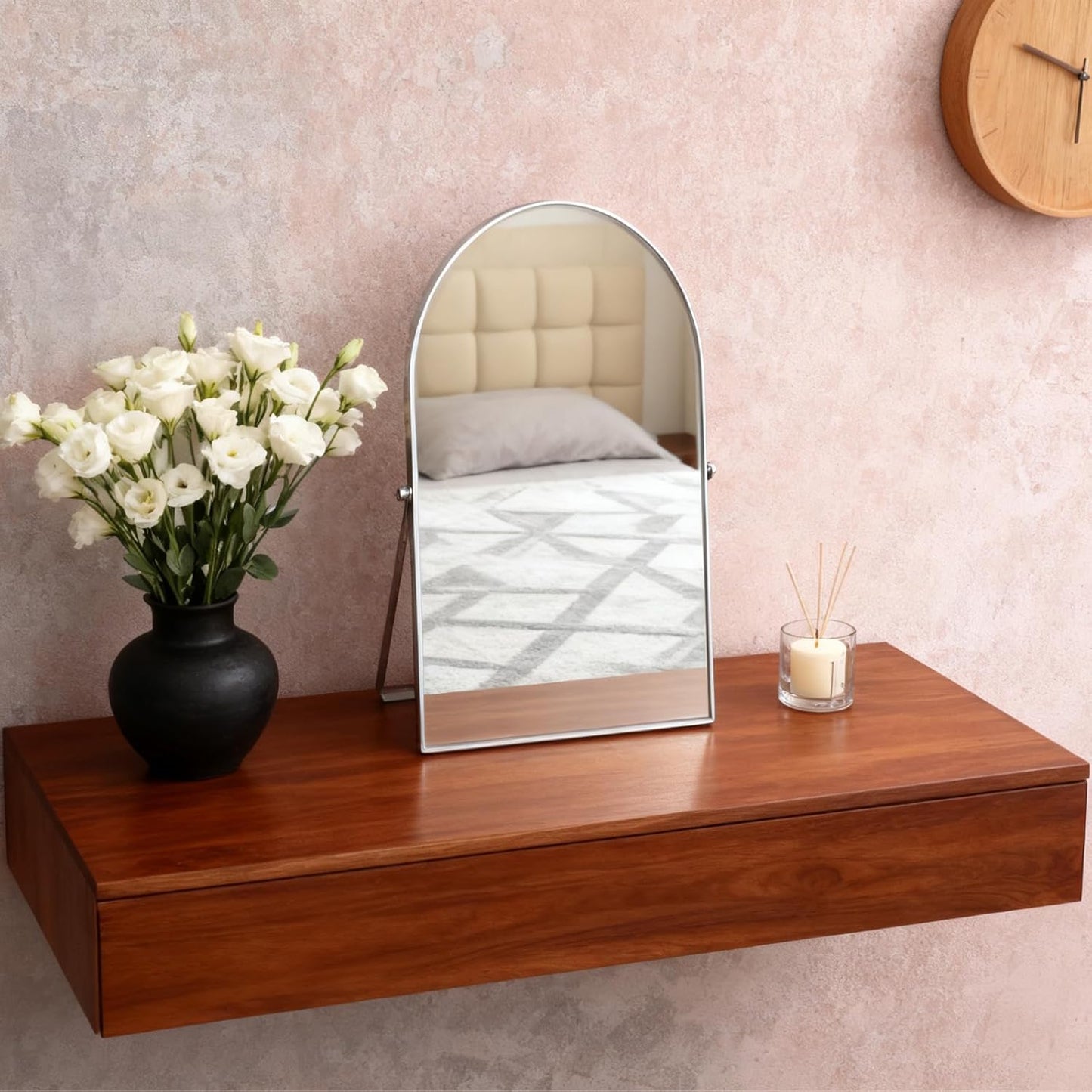 Adjustable Silver Metal Mirror - Vanity Table Desk Arch Makeup Mirror | 90° Rotatable Framed Design for Living Room, Bedroom, Bathroom