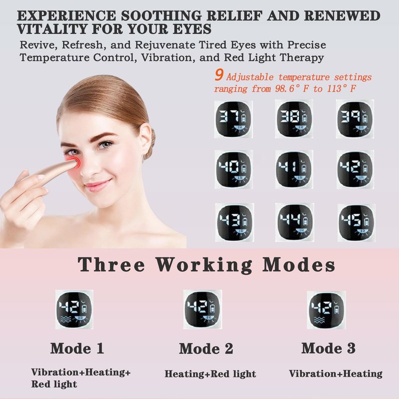 Vowleike Eye Lift Wand, 3 in 1 Vibrating 98°F to 113°F LCD Eye Massager for Dry Eyes, Dark Circles and Puffiness, Face & Neck Lifting Tool for Fine Lines and Wrinkles, Rose Gold
