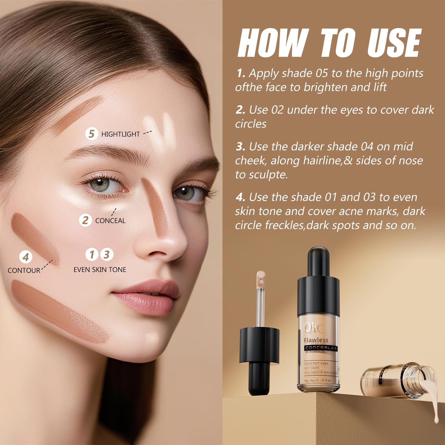 2 Pcs Liquid Concealer Makeup, Eye Concealer, Full Coverage Concealer For Dark Circle Reduces Look of Fine Lines & Blemishes, Buildable Coverage (BUFF BEIGE)