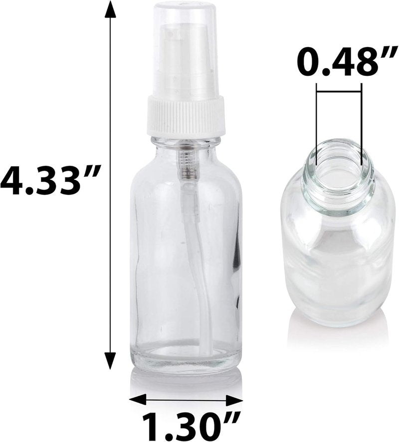 JUVITUS Clear Glass Boston Round Bottles - 1 oz with White Treatment Pump | 24 Pack + Funnel