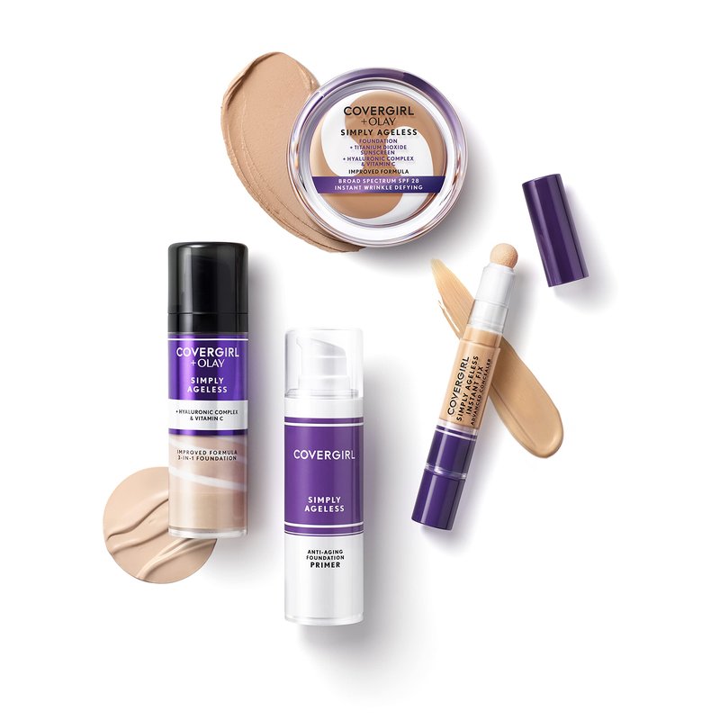 COVERGIRL & Olay Simply Ageless Instant Wrinkle-Defying Foundation, Creamy Natural 0.44 Fl Oz (Pack of 1) & Classic Color Blush Soft Mink, Long Lasting Glowing, 0.27 fl oz,Pink Blush