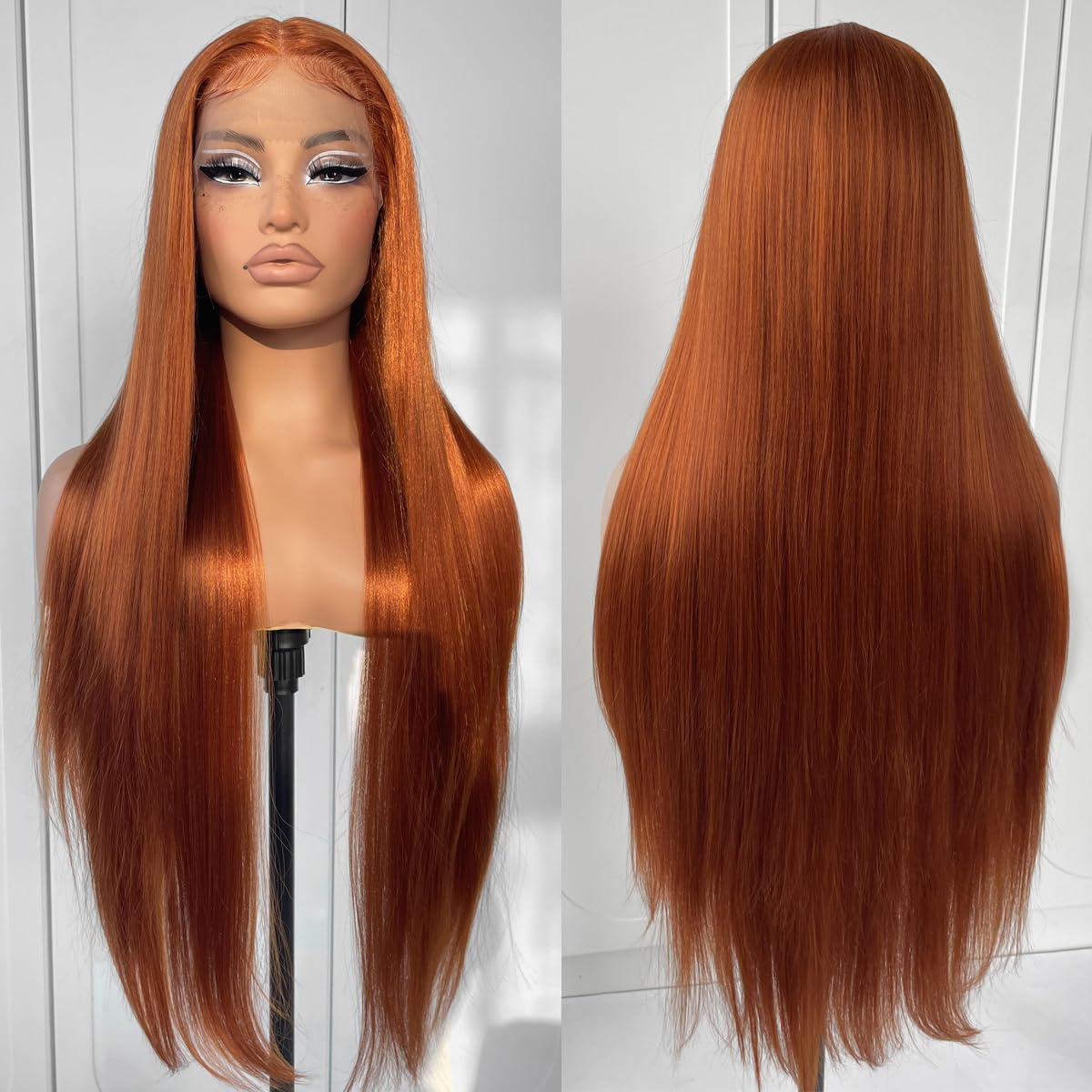 MITIMES Ginger Orange Lace Front Wig Pre Plucked Synthetic Long Straight Ginger Lace Front Wigs 180 Density Glueless Ginger HD Lace Front Wig 32inch