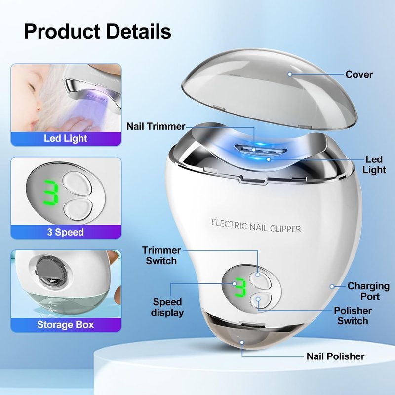 Electric Nail Clipper - LED Light & 3 Speed Rechargeable Fingernail Trimmer | Safe for Babies, Seniors & Adults