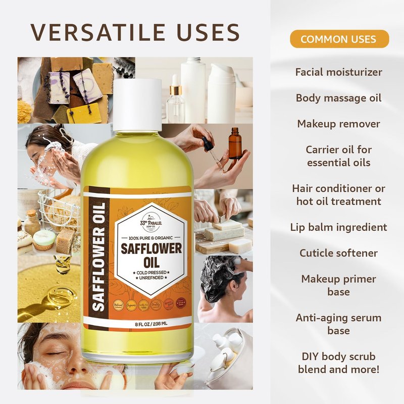 ORGANIC SAFFLOWER OIL (32 oz) Premium Cold Pressed Unrefined High Oleic 100% Pure Safflower Oil for Skin, Face, Hair, Soap Making | Carrier for Essential Oils | Available in Bulk | 32 FL OZ