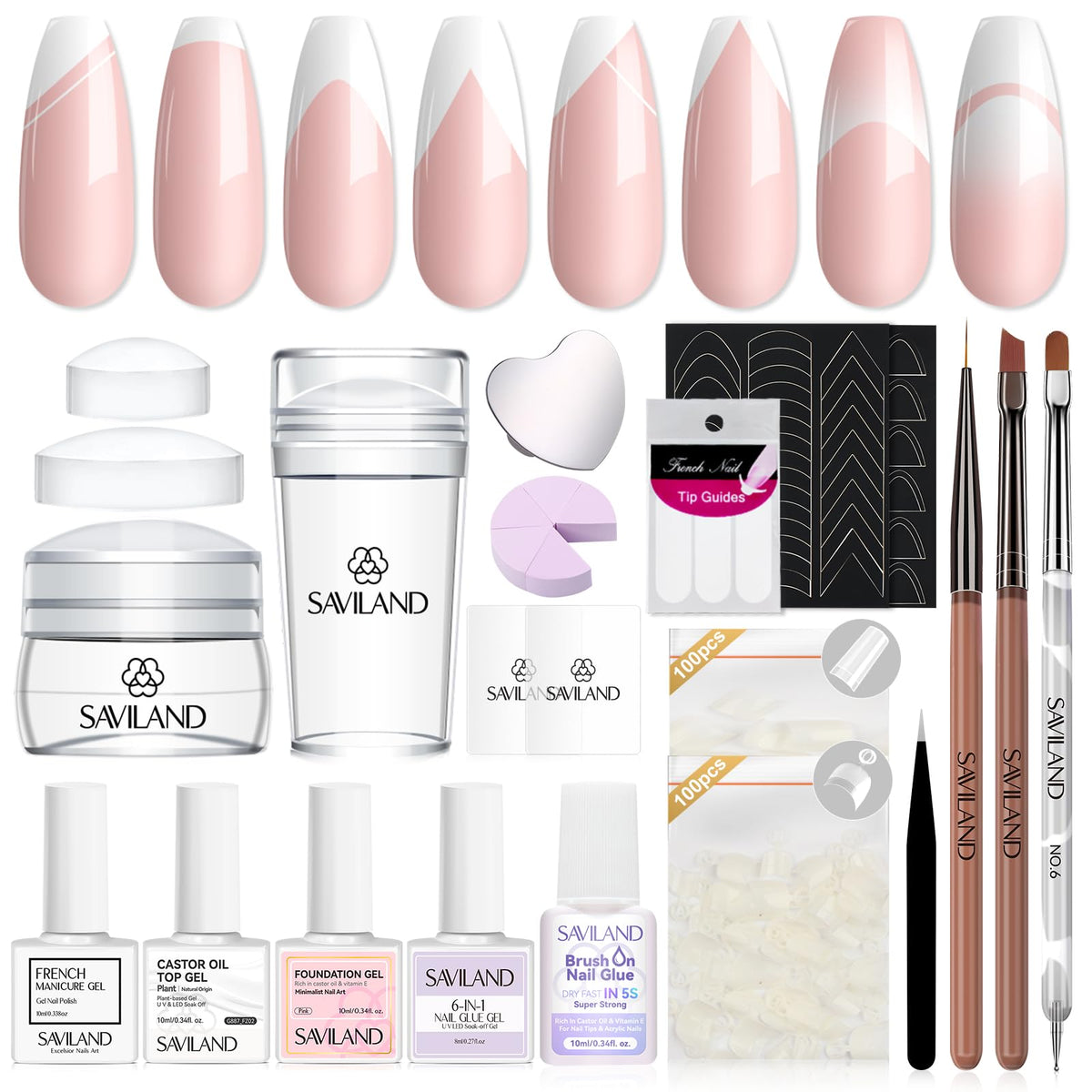 Saviland French Manicure Kit with Everything: Silicone French Tip Nail Stamp French Nails for Beginners Easy French Nails Brush Tips Guide Stickers Fast French Tip Tool Acrylic Nail Kit
