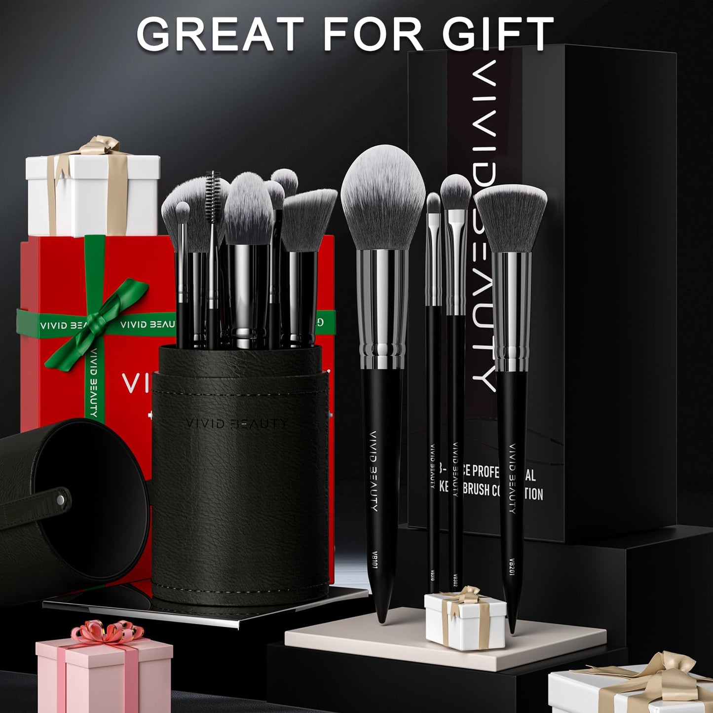 VIVID BEAUTY 18 Pcs Pro Deluxe Makeup Brushes with Travel Case, Premium Powder Foundation Blending Concealer Blush Eyeshadow Face and Eye Make up Brush kit with labels for Beginner(Black)