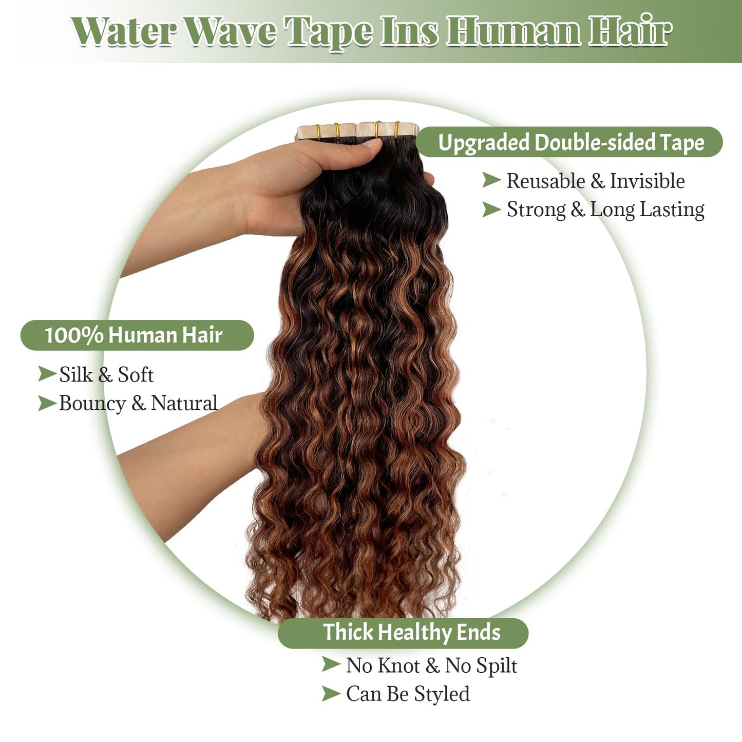 Tape in Hair Extensions Human Hair, Ombre Brown Colored Water Wave Tape in Extensions, 20pcs 50g 16 inch Remy Invisible Tape ins Curly Soft Real Human Hair for Black Women