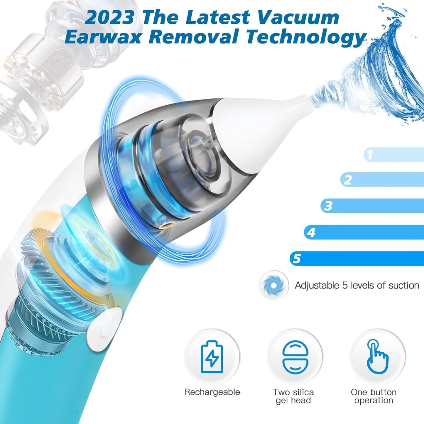 Ear Wax Removal Kit - Electric Vacuum with 5 Suction Levels | USB Rechargeable, Reusable, Blue